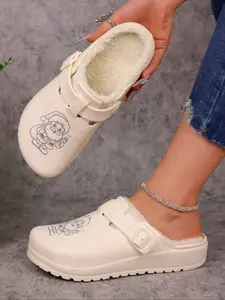 Women's Christmas Santa Pattern Eva Non-Slip Shoes, Adjustable Buckle Strap, Warm Fleece Lining, Durable Winter Footwear, Warm House Slippers