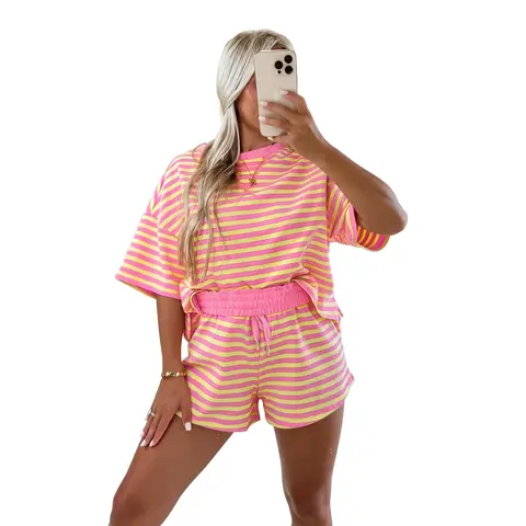 miduo Women's 2 Piece Striped Crewneck Short Sleeve Loose Tee Tops & High Waist Adjustable Drawstring Shorts Set Summer Beach Loungewear Matching Sets for Women Vacation Outfits