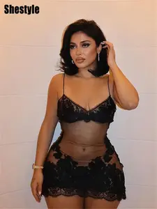 Shestyle Lace Transparent Mini Dress Sexy Women Wrapping Spaghetti Embroidery Flower Sheath Nightwear Club Mesh Wave Fantacy grosfairy