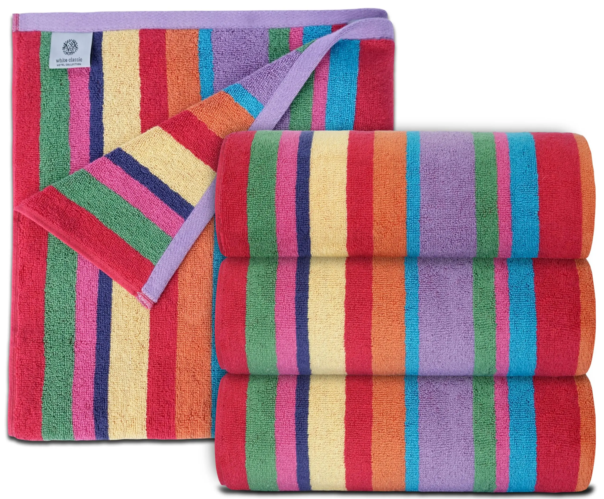White Classic Cotton Beach Towels Oversized 30 x 60 Inches, Ultra Absorbent and Low Lint Striped Pool Towels for Adults, Unique Rainbow Design Luxury Extra Large Bath Towels, 4 Pack