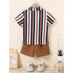 2-Piece Boys' Casual Striped Short-Sleeved Lapel Shirt and Shorts Suit, Comfortable Summer Boys' Clothing, Suitable for Daily and Outdoor Wear