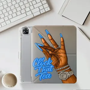 "Clock That Tea" Nail Art iPad protective case, Tablet protective cover, transparent acrylic Y folding stand suitable for all models of iPad including 7.9/10.2/10.5/10.9/12.9 inch, featuring all-round protection, great gift, iPad Accessories