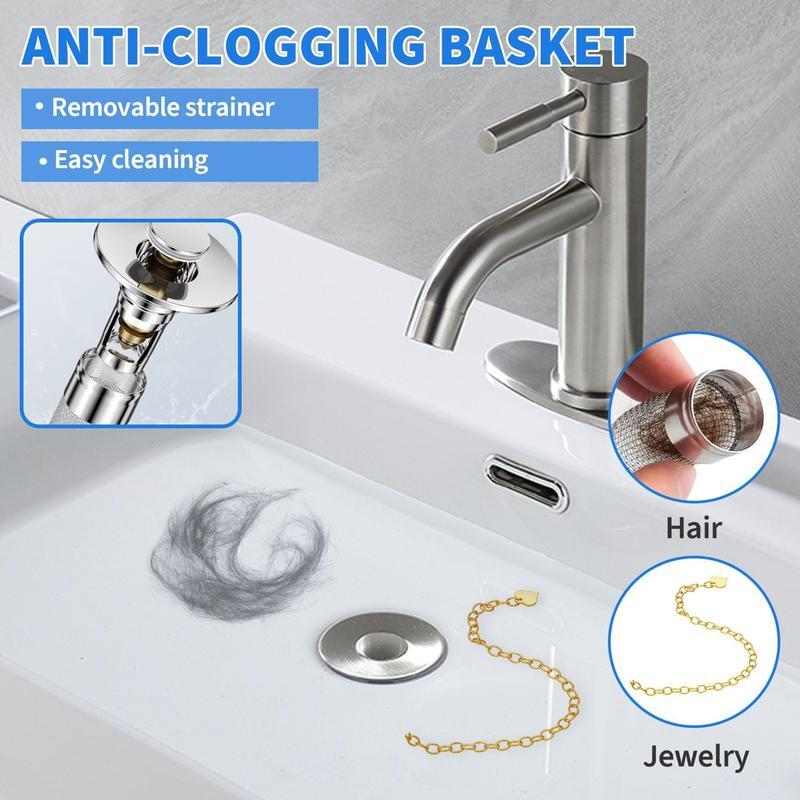 Metal sink filter made of 304 stainless steel-Bathroom Sink Drain Stopper-PopUp Drain with Stainless Steel Filter Basket Hair Catcher, Universal Replacement for 1.1-1.45 Inch Sinks