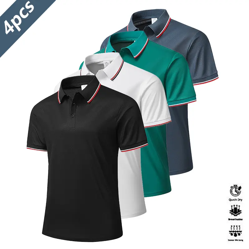 Men's 4-Pack Striped Breathable Moisture-Wicking Quick-Dry Polo Shirts - Collar and Cuff Stripes, Red/White Design, Sport-Ready Wear, Suitable for Golf, Casual Parties, Striped Polo Shirts, Breathable Polo Shirts