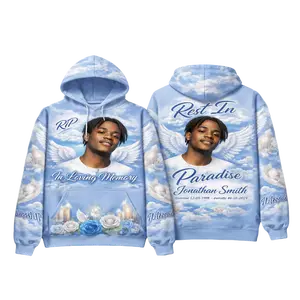 Custom Memorial Airbrush Hoodie Rest In Paradise Tribute Full-Color Design Angel Wings Clouds Personalized Photo Name Dates Unisex Fit