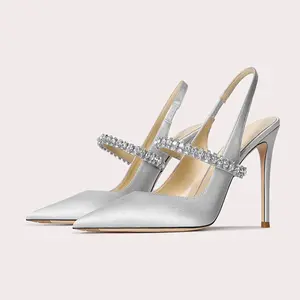 Women's Silver Satin High Heels Elegant Rhinestone Slingback Pumps Pointed Toe Crystal Strap Stilettos Sparkly Wedding Bridal Shoes Sexy Prom Party Dress Heels Comfortable Evening Sandals Formal Ladies Cocktail Pumps