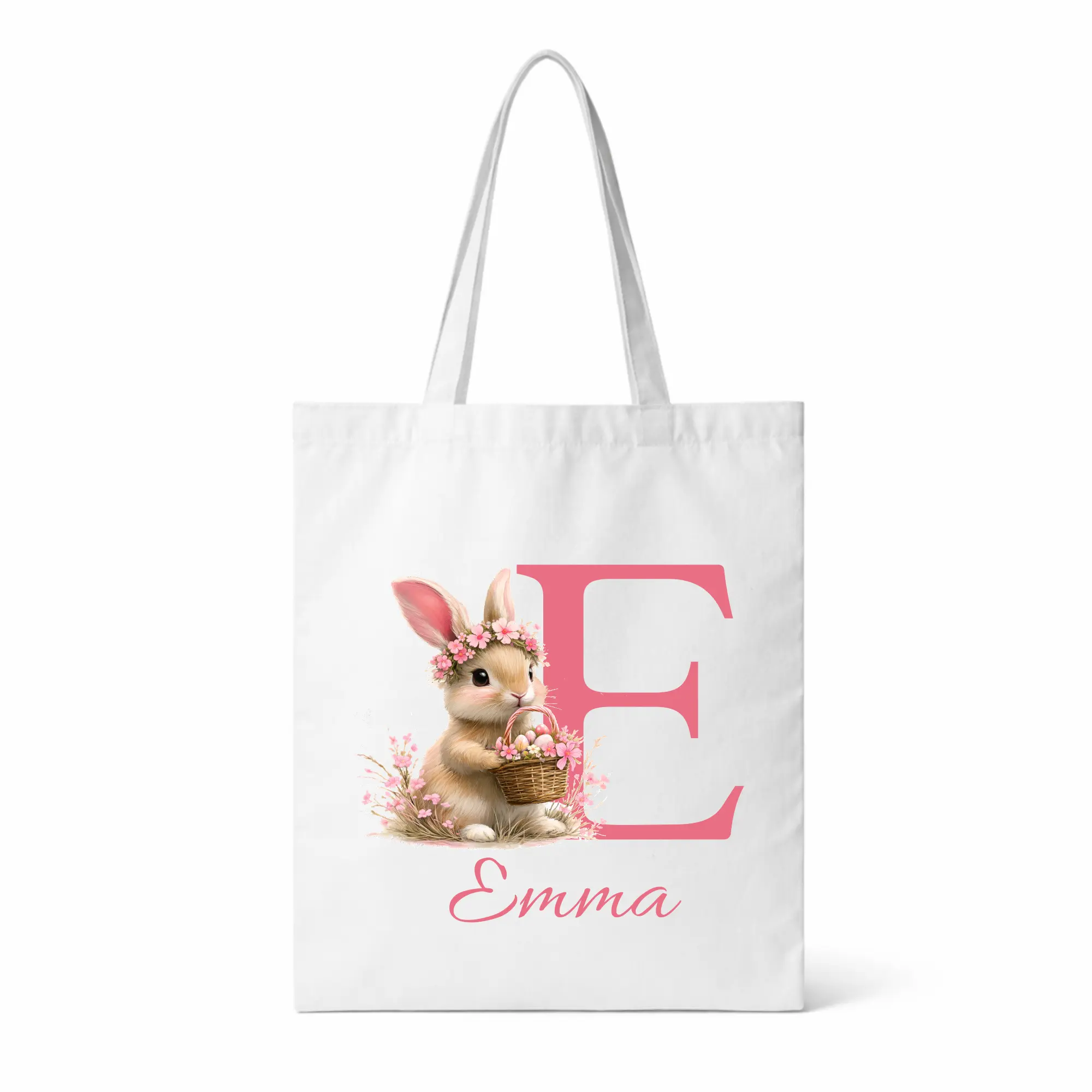 Custom Easter Bunny Tote Bag • Personalized Name & Monogram • Reusable Egg Hunt Basket • Double-Sided Print for Kids