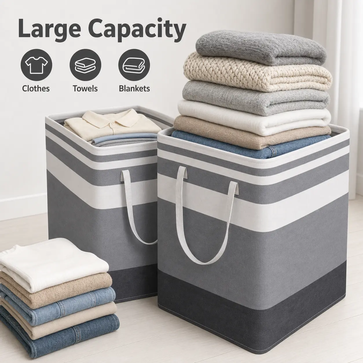 75L High-Capacity Rectangular Polyester Laundry Baskets (2-Pack) - Sturdy Clothes Basket Organizer, Portable Waterproof Collapsible Tall Hamper with Extended Handles, Wipe-Clean Easy-to-Clean Freestanding for Dorms, Bedrooms