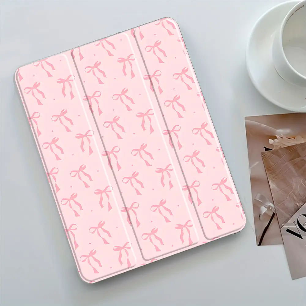 Pink Bow Design Three-Tier Stand iPad Tablet Case, Tablet Protective Cover, Transparent Acrylic Hard Back, Pencil Slot & Charger Port, Fits iPad 7.9/10.2/11 inch, Shock-resistant Full Cover Case for Offices Homes, Ipad Accessories, Tablet Casing