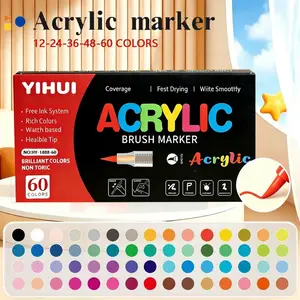 12-60 Colors Brush Tip Acrylic Paint Marker Set, Perfect for Rock Painting, Wood, Canvas, Glass, Ceramics, Adult Coloring & DIY Crafts, Acrylic Painting Pens