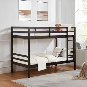 Twin Over Twin Wooden Bunk Bed | High Safety Guardrail | Built-in Ladder | No Box Spring Needed | For Kids Teens Dorm Guest Room | Espresso