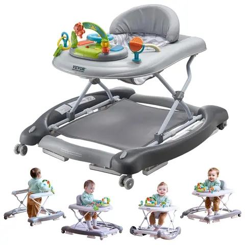 【Father's Day】VEVOR 4-in-1 Baby Walker,  , Foldable Baby Activity Center on Wheels, 3 Adjustable Height, Music & Toys Tray, Learning-Seated | Walk-Behind | Rocker | Bouncer Toddler Walker for Girls Boys  6-24 Months