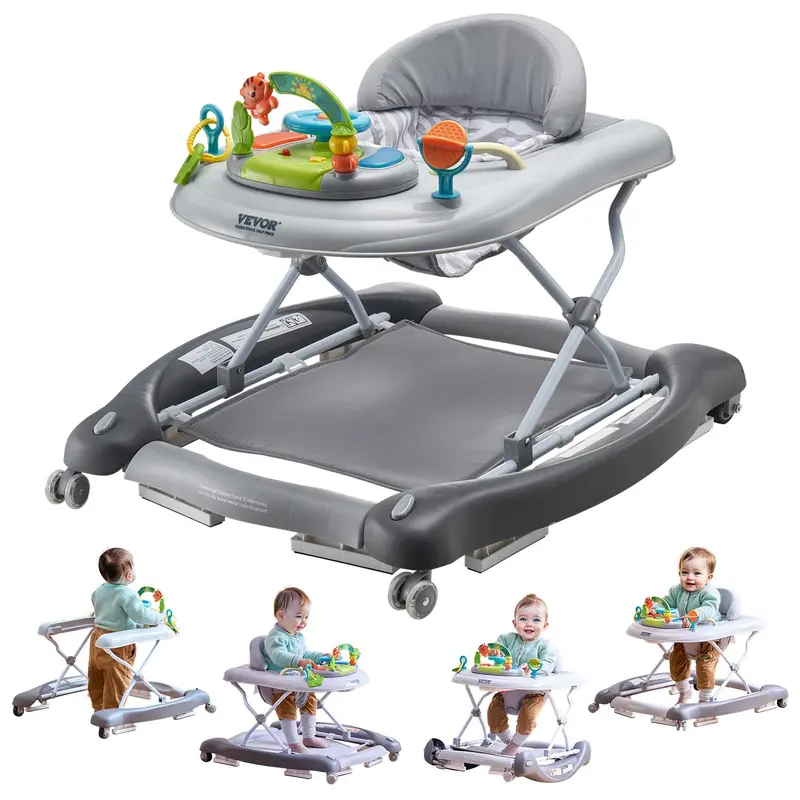 【Father's Day】VEVOR 4-in-1 Baby Walker,  , Foldable Baby Activity Center on Wheels, 3 Adjustable Height, Music & Toys Tray, Learning-Seated | Walk-Behind | Rocker | Bouncer Toddler Walker for Girls Boys  6-24 Months