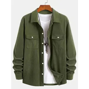 Men'S Fashion Classic Corduroy Shirt Jacket with Dual Chest Pockets, Casual Lapel Collar Button-Down, Regular Fit Solid Color Long Sleeve Shirt for Daily Wear, Street Style, Spring/Fall