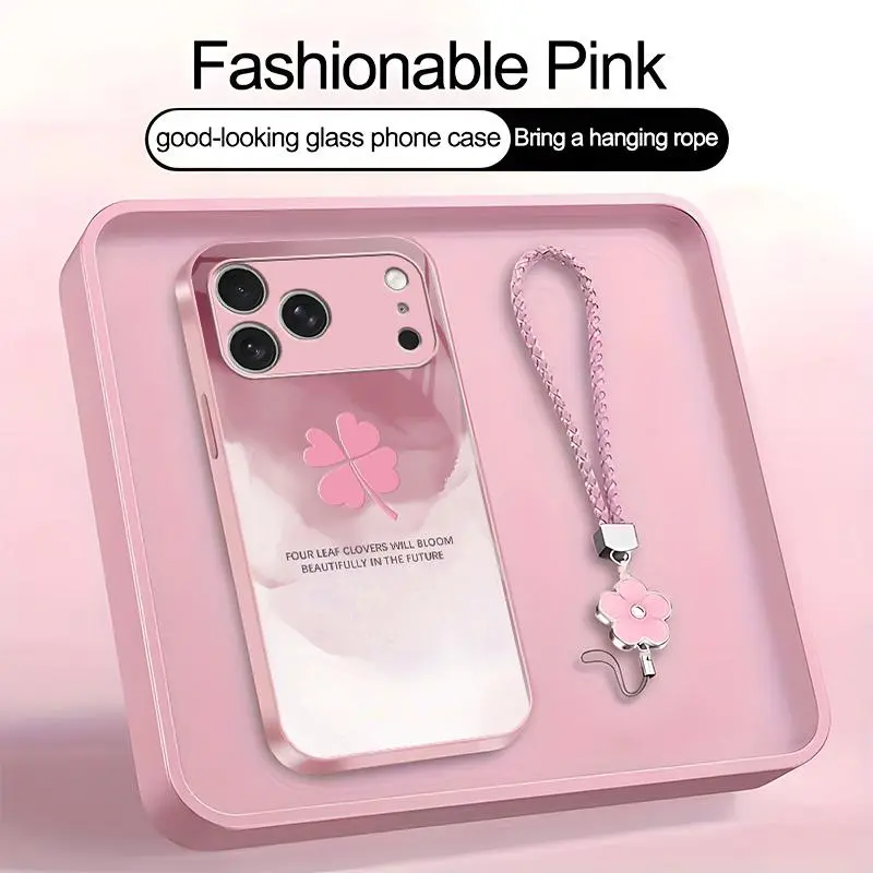 Suitable for [iPhone 17 Pro Max] high-end women's phone case🤩，a beautiful four-leaf clover lanyard is included🍀, high-end ink painting clover designaffordable price, drop-resistant and fingerprint-proof YM99