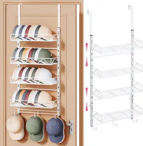 Over Door Hat Organizer - 5 Tier Wall Mounted Hat Rack with 4 Adjustable Metal Basket and 3 Hooks, Hanging Baseball Cap Organizer Storage Holds up to 49 Caps for Door, Bedroom, Closet