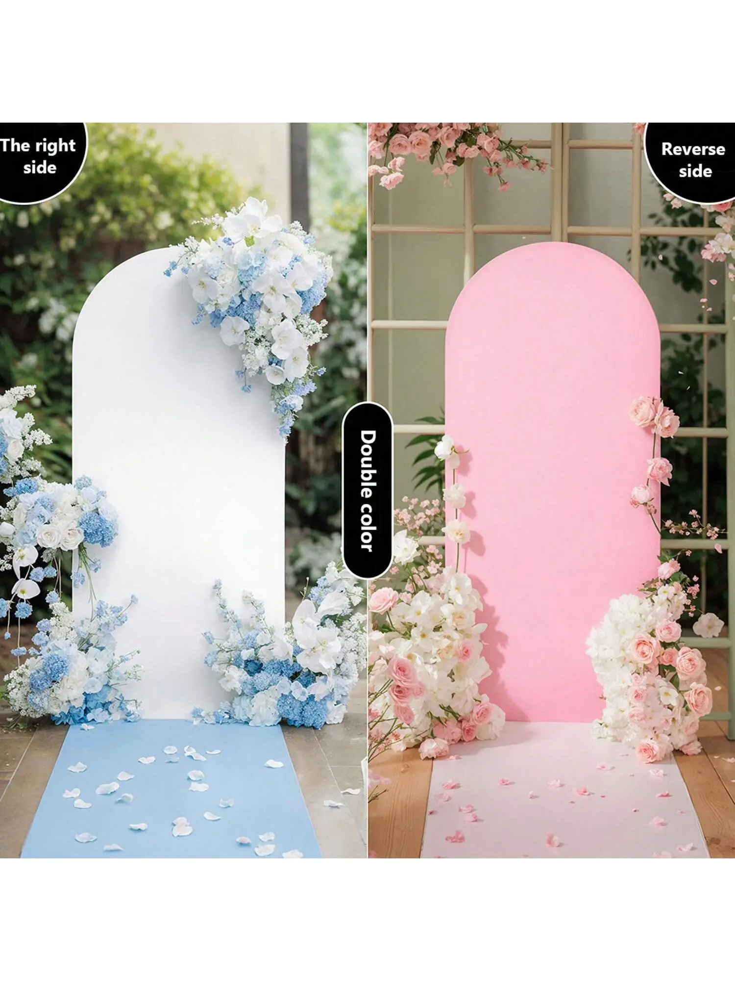 Double-Sided Color Round Top Wedding Arch Backdrop Cloth, 2.6x6 ft/0.8x1.8 m White-Pink Decor with Zipper & Elasticity Back, Wrinkle Resistant, Easy to Clean, Foldable Storage, for Wedding, Birthday Party Decoration Set