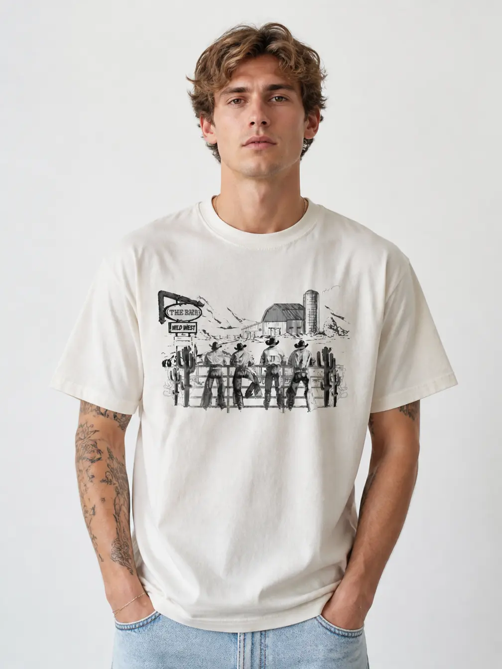 Unisex Cotton Crewneck Short-Sleeve Fitted Casual Printed Western Cowboys Vintage Graphic T-Shirt, Retro 90s Rodeo Wild West Halftone Menswear Top