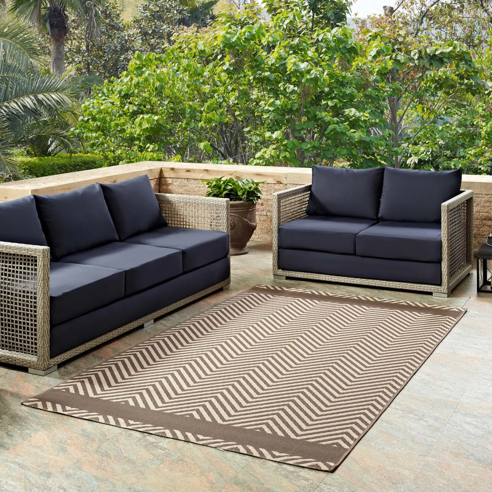 Modway Optica Geometric Chevron Floor Rug with End Borders, 5x8 Indoor-Outdoor Modern Decorative Dining Room Area Rug in Light & Dark Beige, Dining Room Rug