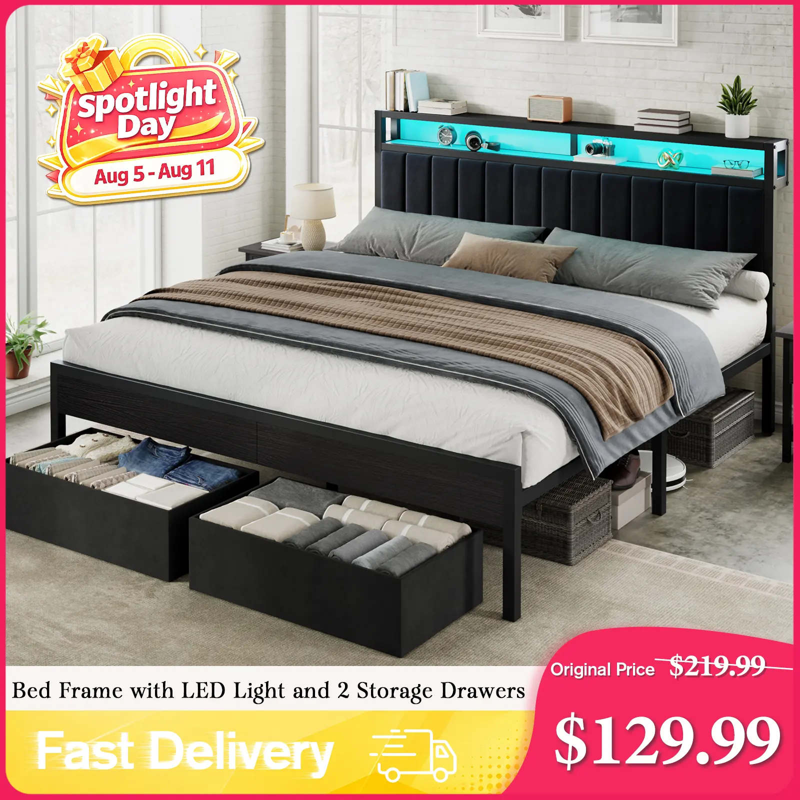 AMERLIFE Bed Frame with LED Light and 2 Storage Drawers, Metal Platform Bed with Storage Headboard, Velvet Upholstered, Heavy-Duty Slats, No Box Spring Needed, Easy Assembly[tiktokshopbacktoschool][SohoChic]
