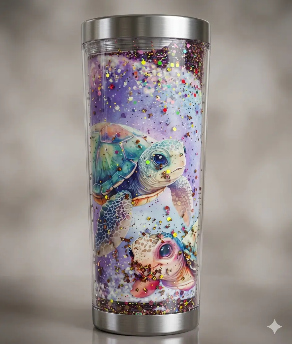 20oz Sea Turtle Glitter Snow Globe Tumbler | Double-Wall Insulated Acrylic Travel Mug with Lid & Straw | Ocean Lover Gift