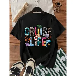 "CRUISE LIFE" Letter Print Top: Cotton loose sporty cute elegant stretch home casual crewneck short sleeve with dolphin, shell, lifebuoy and star leopard print, suitable for casual occasions;