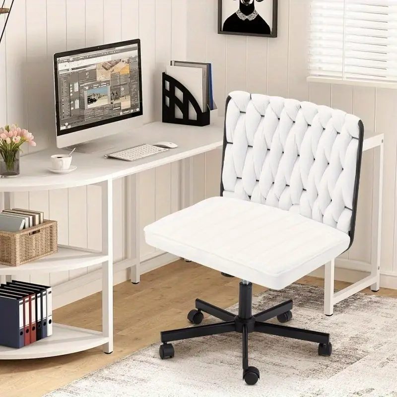 Criss Cross Desk Chair with Wheels, Extra Wide Armless Chair with Flannel Cushion, Adjustable Height & 135° Recline, Cross-Legged Office Chair for Hom