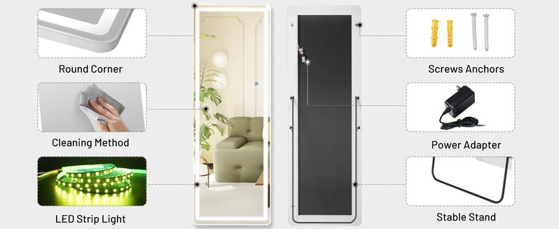 [LIVE4] 64"x21" Floor Mirror with Stand, Mirror Full Length Standing with LED Lights,  w/Dimming & 3 Color Lighting, Wall Mirror Aluminum Alloy Frame