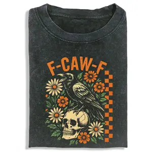 F-Caw-F Funny Crow Unisex Vintage Washed Crew Neck Regular Fit Cotton Fabric Casual Comfort Breathable Short Sleeve Funny T-shirts Fashion Men&Women's Top for Daily Wear 091301