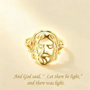 OLDT High Quality Jesus Christ Face Ring 14K Gold Plated Religious Vintage Embossed Openwork Lord Jesus Ring  perfect gift
