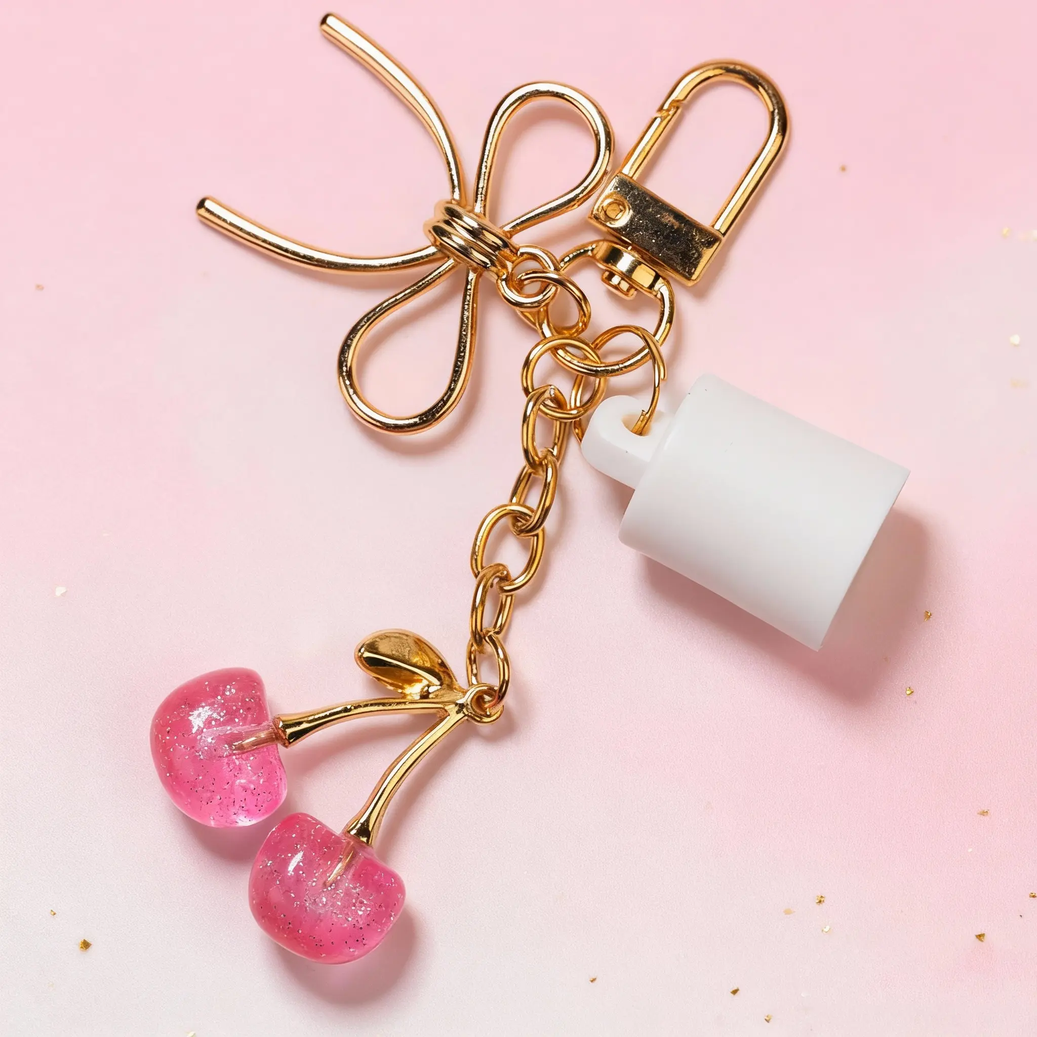 Pink Cherry Bow Lip Balm Keychain - Cute Charm, Summer Fridays Compatible, Girly Purse Stuffers Fashion Accessory