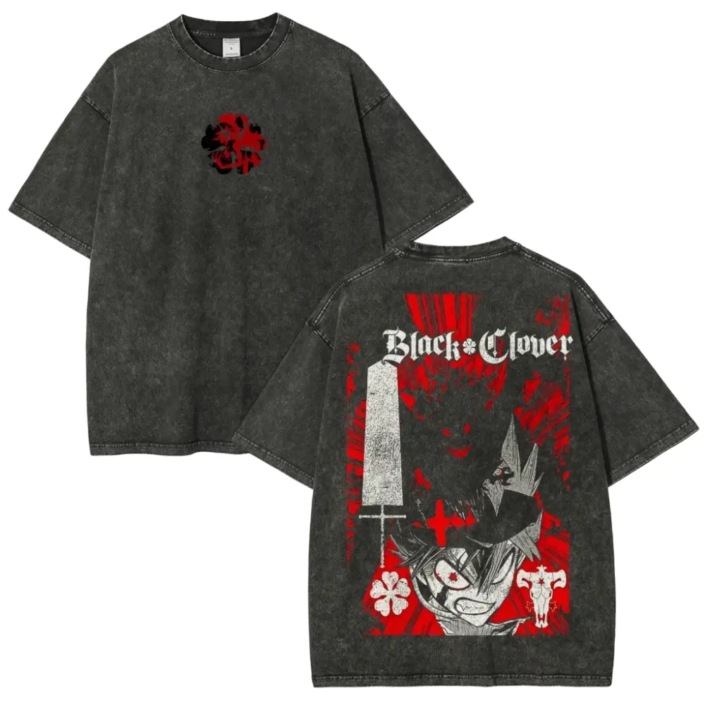 Black Clover Asta Liebe Oversized Graphic Tee Vintage Acid Wash Anime T Shirt Y2K Streetwear Gym Pump Cover Black Bulls Red Grunge Manga Merch Tiktok Finds Trendy Dark Aesthetic Workout Fit Casual Top Japanese Activewear Mens Magic Knight
