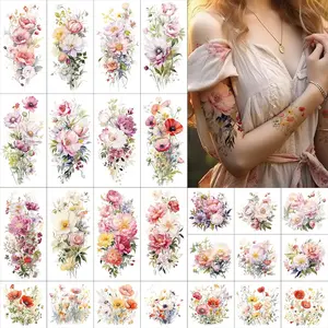 Flower Temporary Tattoo Sleeve Sheets, 12 Large Watercolor Floral Tattoo Stickers, 13 Small Fake Flower Tattoo Designs for Women and Girls