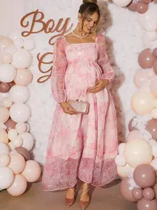 MaterniRIO Pink Floral Mesh Maternity Dress - Elegant Floral Print Outfit for Baby Shower, Gender Reveal & Pregnancy Photoshoot