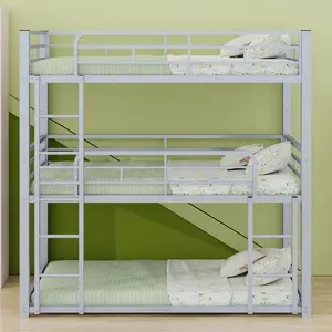 Triple Twin Bunk Bed - Silver Metal Frame