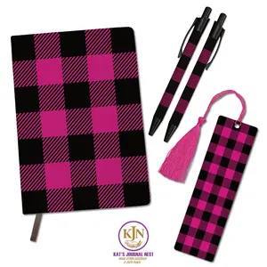Hide & Hue Black Buffalo Plaid PU Leather Journal Essentials Bundle – Monogram Personalized Notebook with Pens & Bookmark  Kat’s Journal Nest