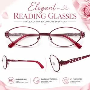 Lightweight Oval Reading Glasses, Red Metal Frame Readers with Adjustable Nose Pads, Stylish Daily Comfort outdoorfun