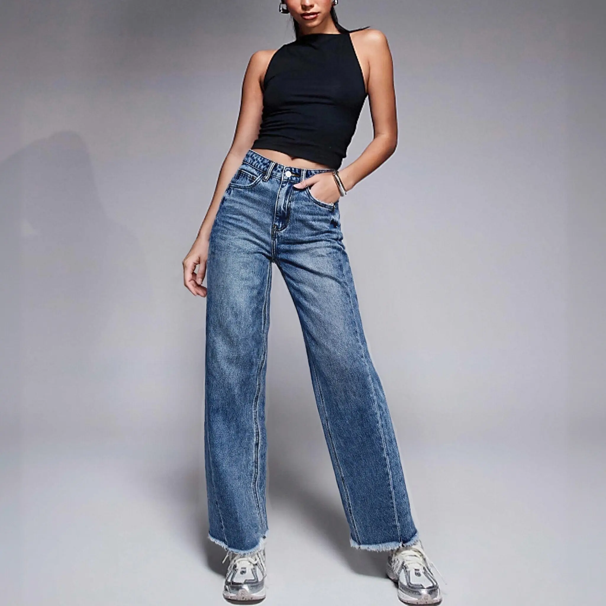 Women's High-Waisted Wide-Leg Jeans, Loose Straight Fit Streetwear Denim with a Frayed Hem, Button Fly, and Pockets, Lady, Basic, Bottom, Minimalist
