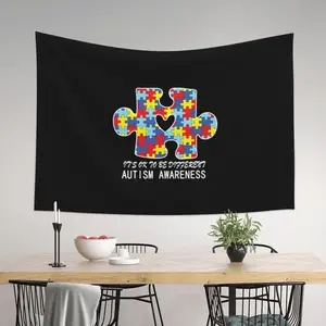 2D Flat, 1pc 2D Print 60x40 Inch Vibrant Autism Awareness Tapestry - "It's Ok to Be Different" Puzzle Design with Colorful Pieces, Polyester Wall Art for Bedroom, Living Room, and Dorm Decor, Dorm Room Decor | Playful Room Accent | Durable Wall