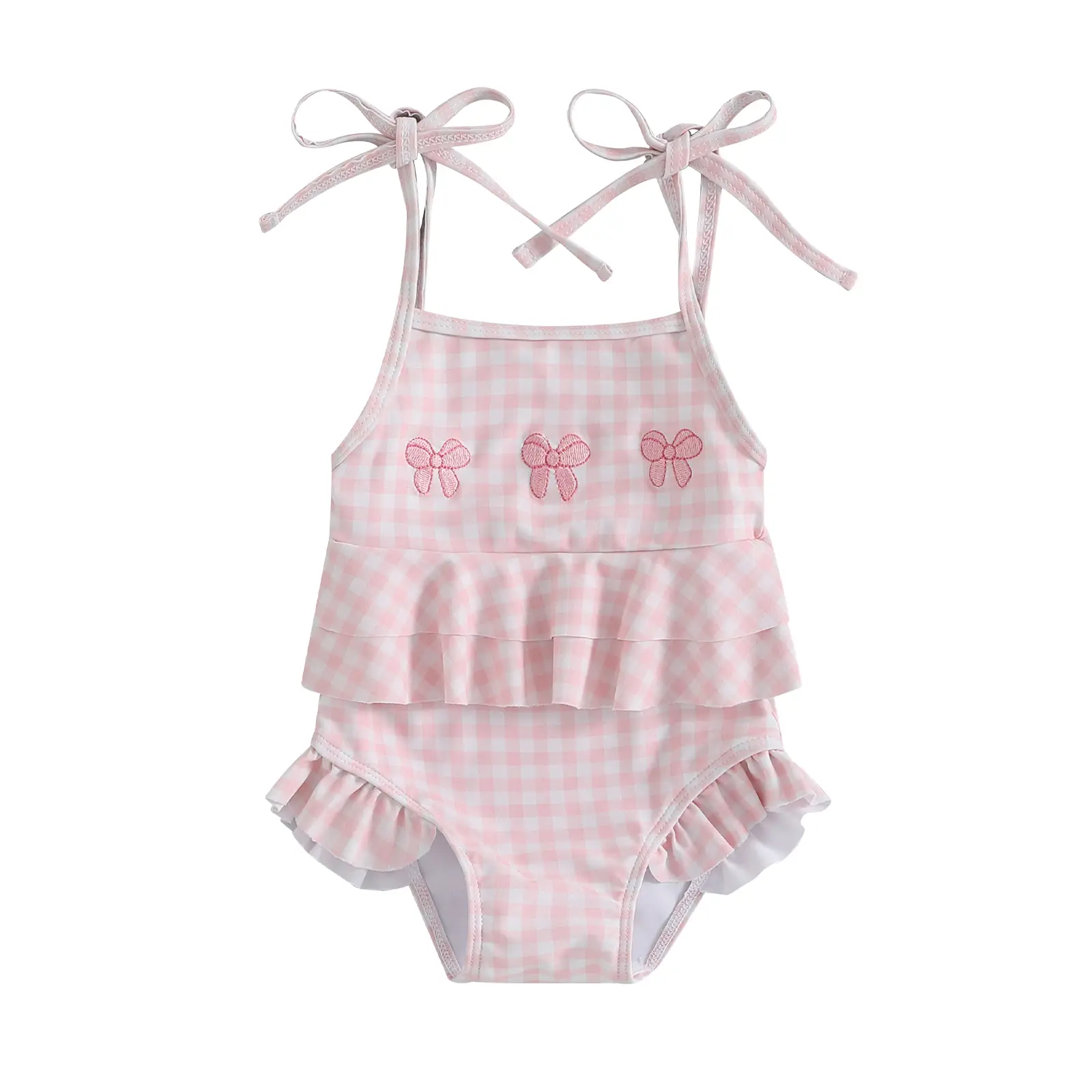 Toddler Baby Girl Swimsuit Bow Embroidery Checkered Print Ruffle Bikini Sleeveless Bathing Suit Swimwear