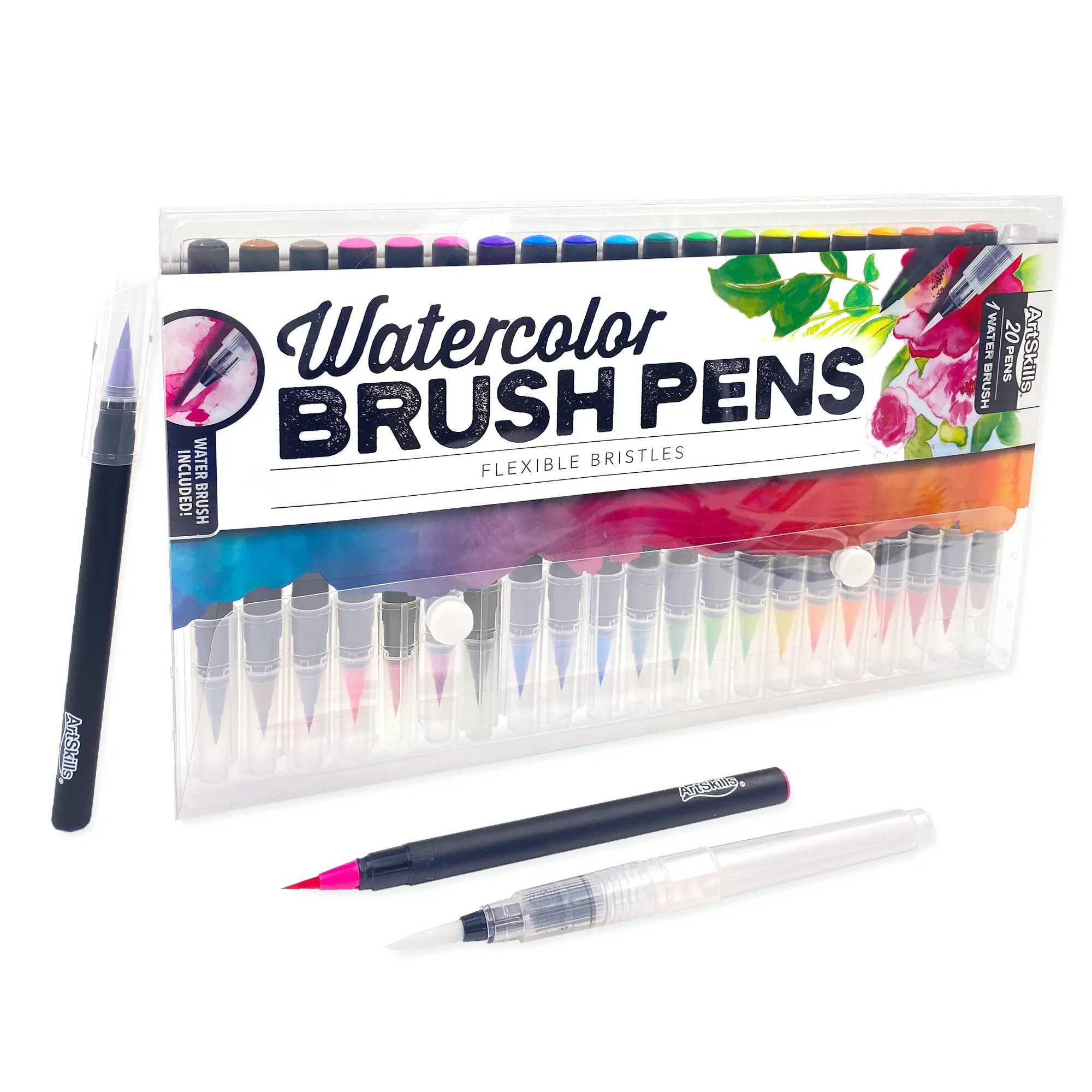 ArtSkills Watercolor Brush Pens 20 Count Water-Based Brush Tip Markers with Water Brush for Blending and Calligraphy