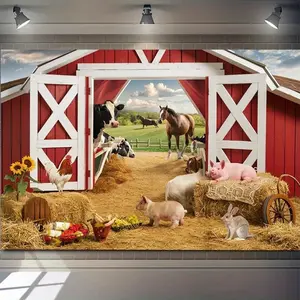 1PC,2D Flat Farm Animal Theme Photography Backdrop, Red Barn with Cows, Horses, Pigs, Rabbit, Rooster, Perfect for Kids' Birthday Party, Baby Photo Shoots, Rustic Farm Scene Background for Stu