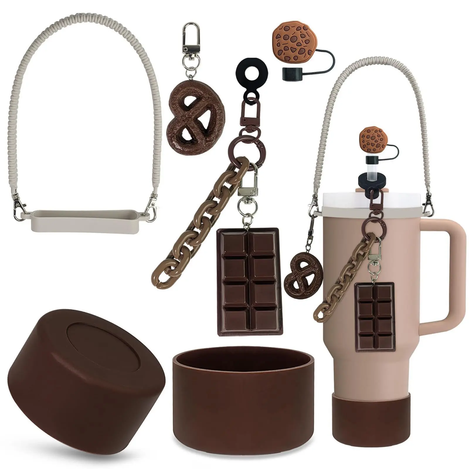 Cute 6-Piece Durable Chocolate Theme Drinkware Accessories Customization Kit - Pretzel, Chocolate Bar, Cookie Designs, Silicone Cover, Straw, Holder Strap for 30-40oz Cups, Mugs, Tumblers (Gym Use, Birthday Gift)