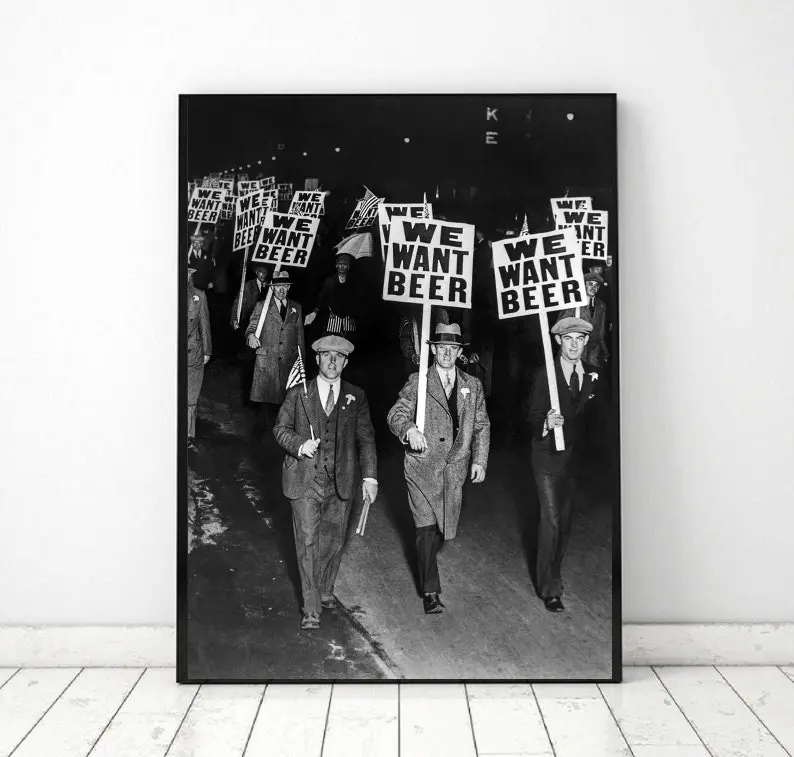 Vintage Beer Poster, Prohibition Era Bar Wall Art, We Want Beer Black & White Poster, Retro Brewery Decor, Home Bar Poster Art Artistic Frames
