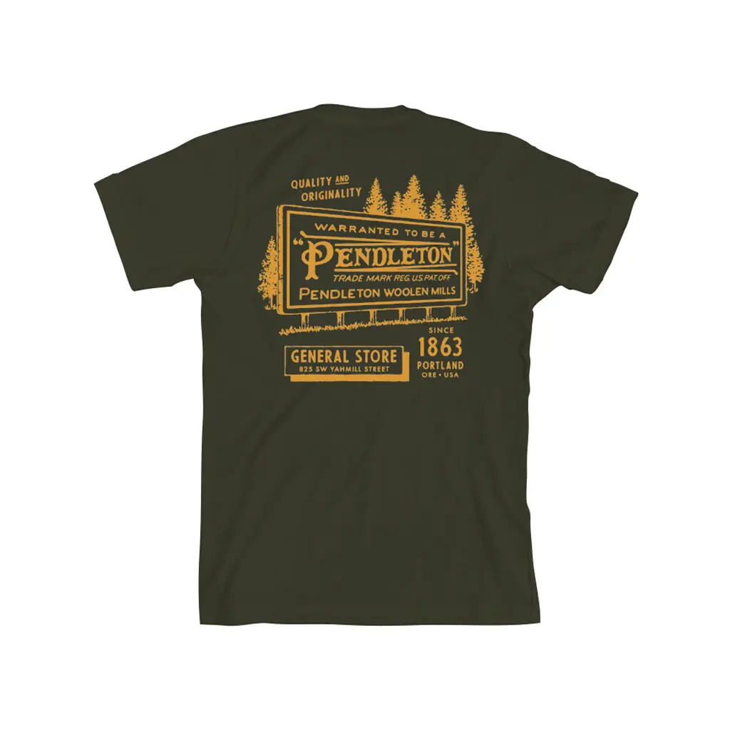 Pendleton Men's Fitted Vintage Billboard Graphic T-Shirt, Short-Sleeve Crew Neck for Casual Wear in Dark Olive/Gold, Tshirt