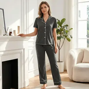 Mother's Day Women's 2 Piece Pajama Set, Short Sleeve Button Down Top with Long Pants, Ultra Soft Knit Loungewear Sleepwear with Ruffle Trim, Comfy Nightwear for Home & Lounge