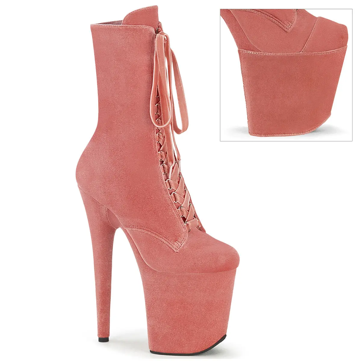 Women's 8 In Dusty Pink Velvet Platform Heel Lace-Up Shoes - FLAMINGO-1045VEL Boots, Shoe, Footwear, Zip, Stage, Evening, O-Ring Lace-Up, Party, Romantic Heels, Soft, Ankle Boot
