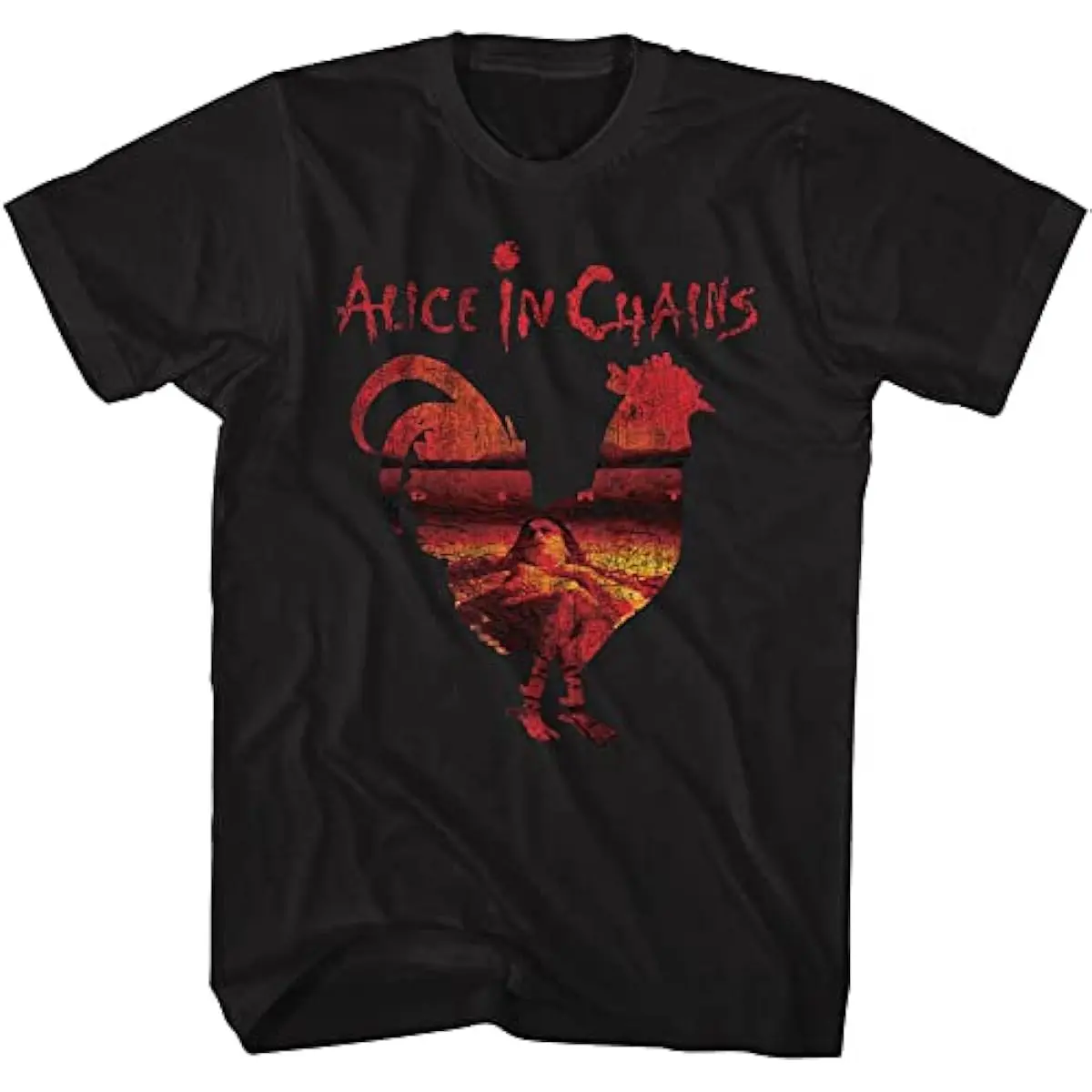 Women's 100% Cotton Alice in Chains 90s Grunge Revival Rooster Graphic Tee, Black Shortsleeve Casual Top, Lightweight Authentic Band Merch for Unisex Adults Vintage Aesthetic Streetwear