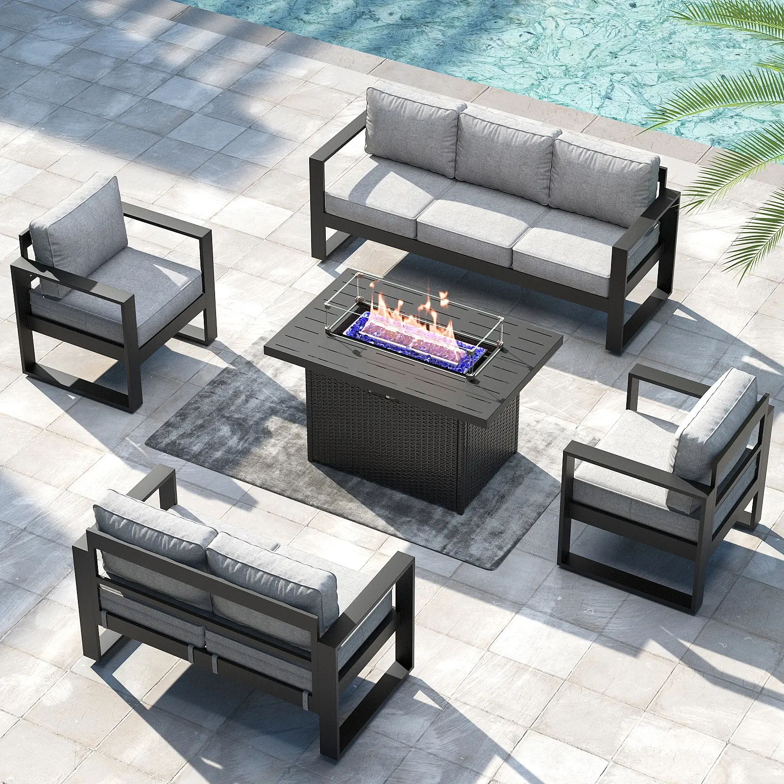 【3/4 Packages Shipping】LayinSun Aluminum Outdoor Patio Furniture Set, Metal Modern Conversation Sofa Set with Fire Pit Table and Washable Thick Cushions for Porch, Backyard, Deck