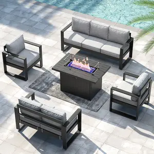 【3/4 Packages Shipping】LayinSun Aluminum Outdoor Patio Furniture Set, Metal Modern Conversation Sofa Set with Fire Pit Table and Washable Thick Cushions for Porch, Backyard, Deck